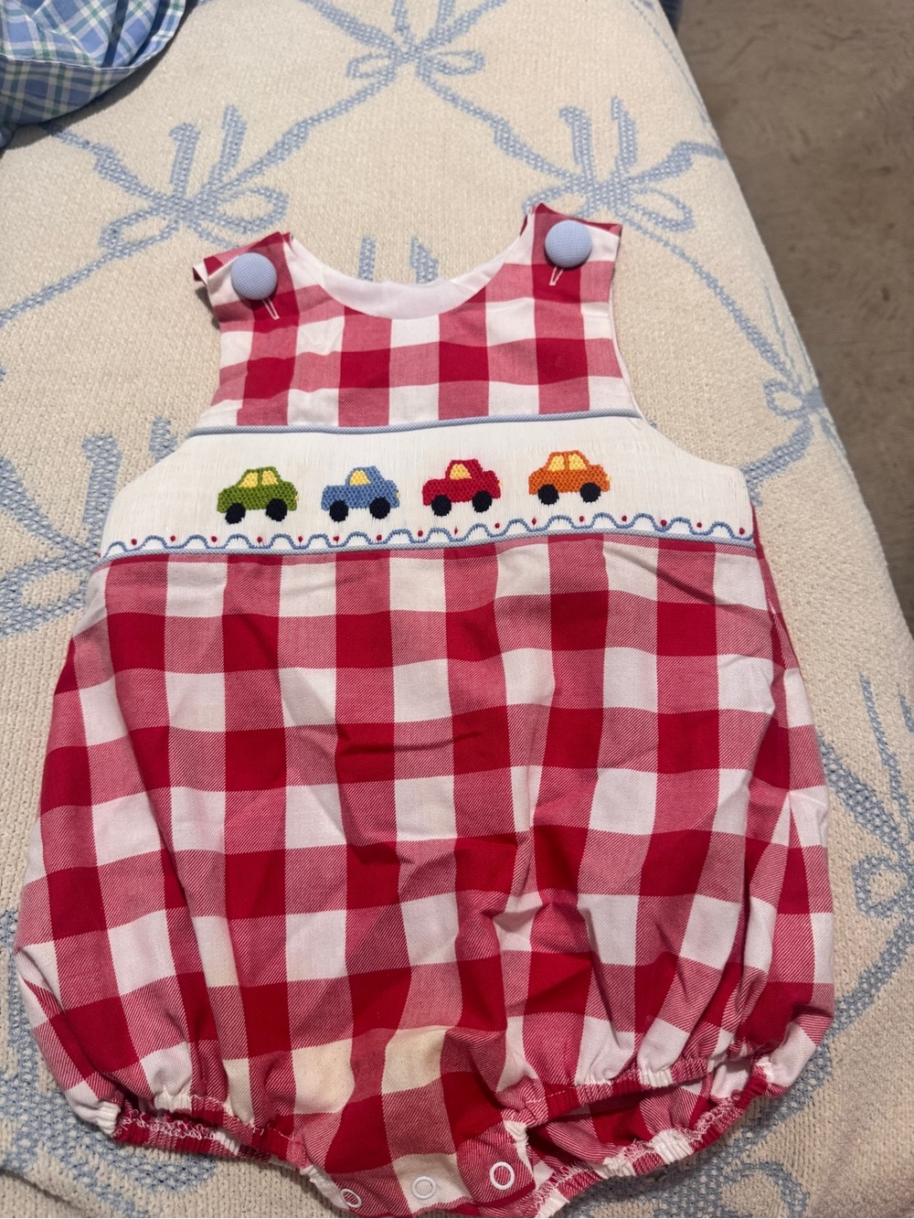 Red Gingham Smocked Bubble Romper with Car Embroidery